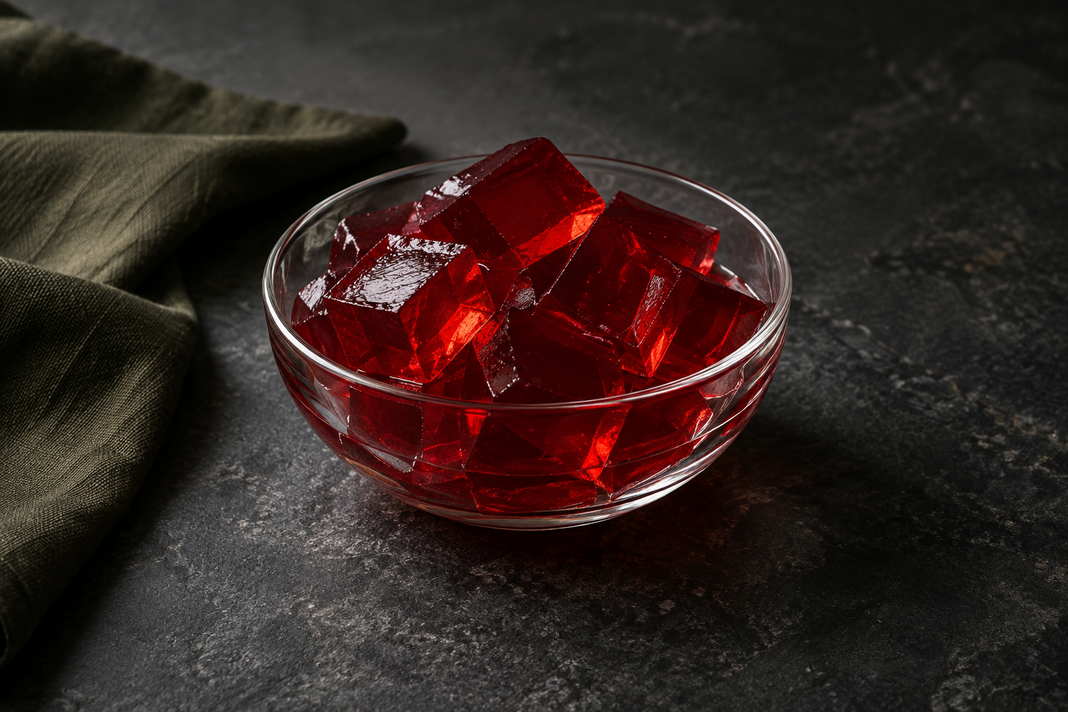 Illustrative ruby red gelatin cubes in a clear glass bowl